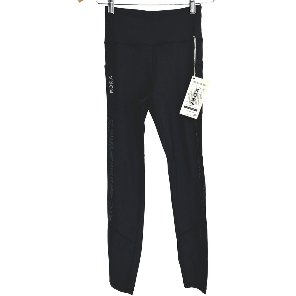 KORA Black Athletic Leggings Mesh Panel‎ Pockets High Waist Womens S NWT